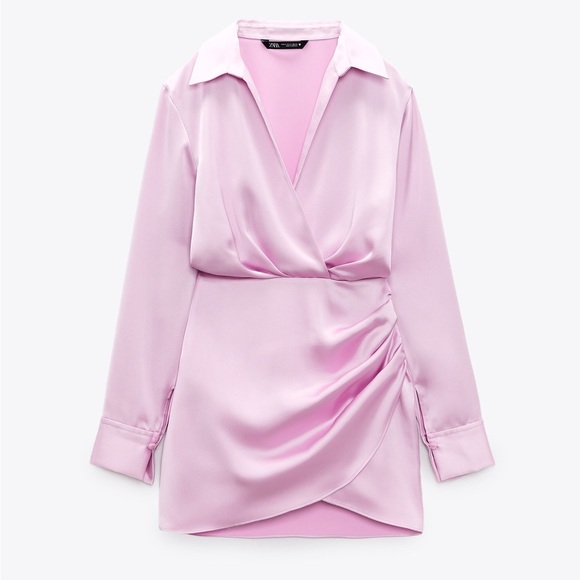 Zara mini dress satin effect drapped long sleeve pink party wedding coctail - Picture 5 of 7